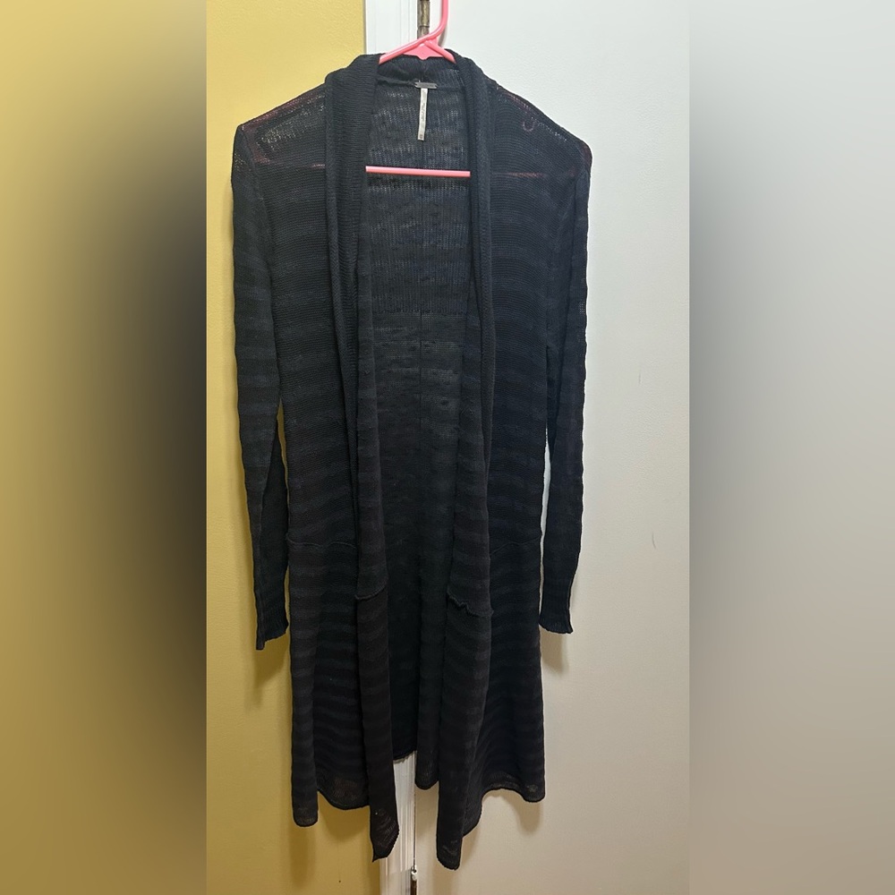 Free People Black/Blue Semi Sheer Stripe Open-Front Long Sleeve Knit Duster(XS)
